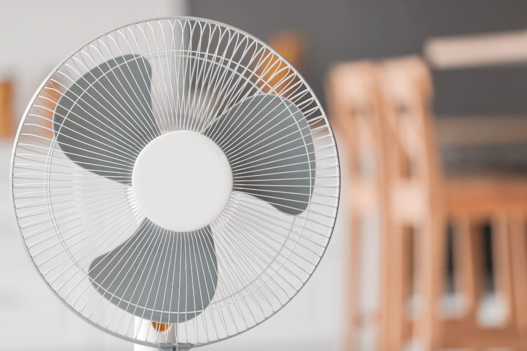 Electric fan close up showing grille and blades