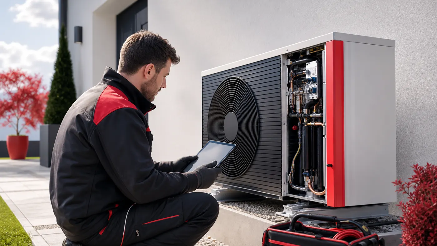 Heat pump servicing and diagnostic checks on an outdoor unit